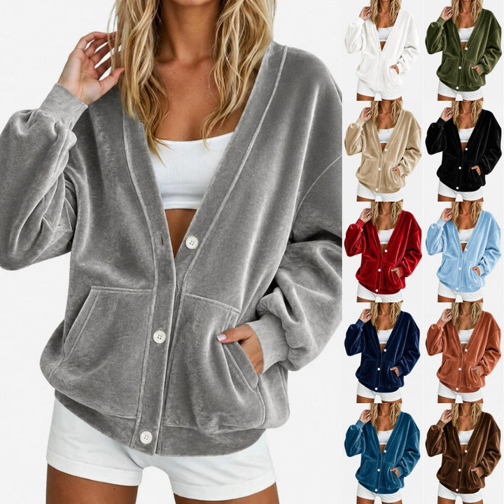 Damen Oversize-Relax-Cardigan aus Velours mit Knopfleiste und Eingrifftaschen Drune