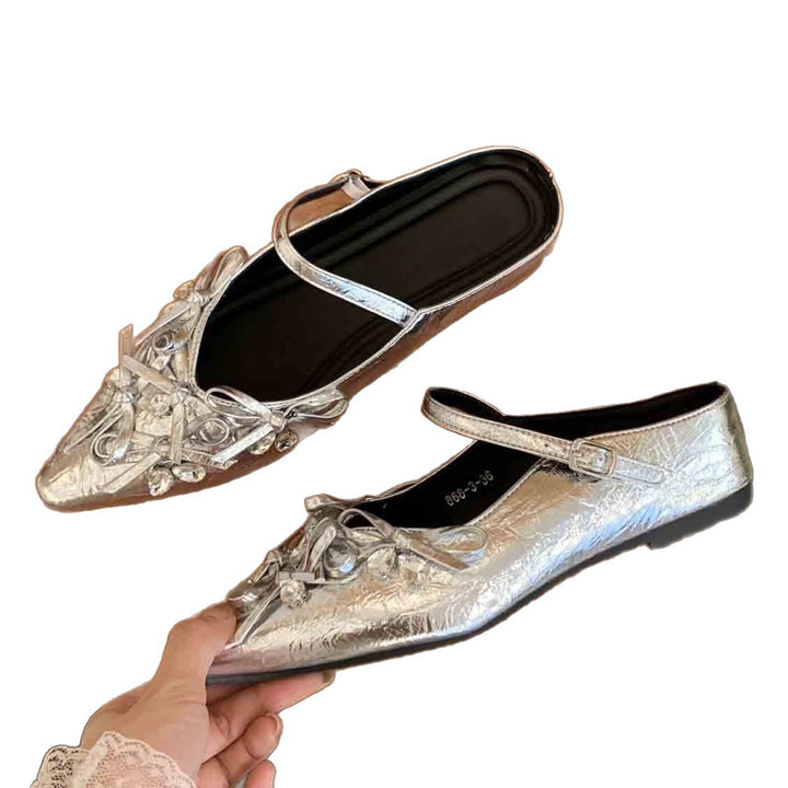 Damen Spitz zulaufende Mary-Jane Ballerina mit dekorativen Knotendetails und flacher Laufsohle Drune