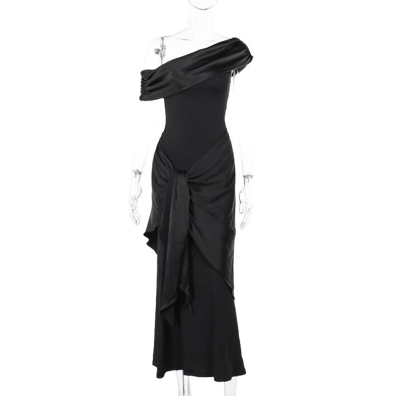 Damen Langarm Maxikleid mit asymmetrischem Schnitt und dekorativen Drapierungen Drune