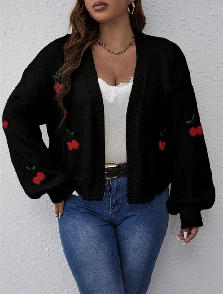 Damen Kurzgeschnittener Oversize-Cardigan mit Kirsch-Stickerei Drune