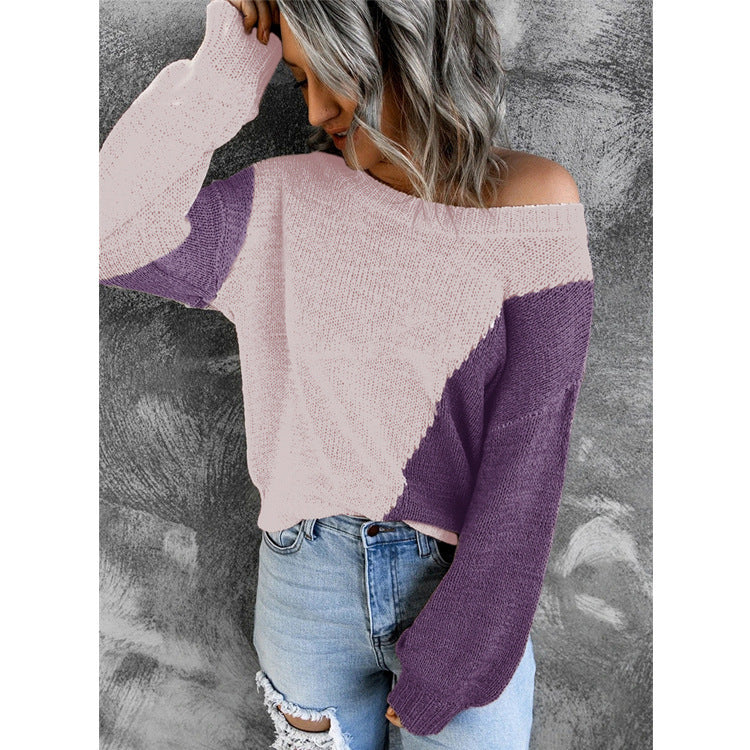 Damen Oversize Schulterfreier Strickpullover mit Colorblock-Design und weiten Ärmeln Drune