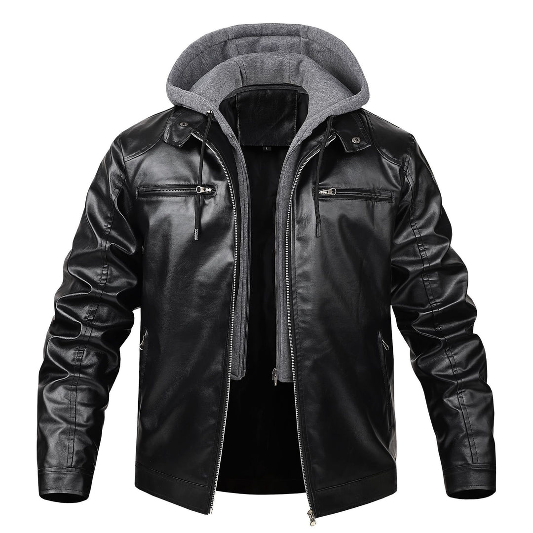 Herren modische Kunstlederjacke mit abnehmbarer Kapuze Drune