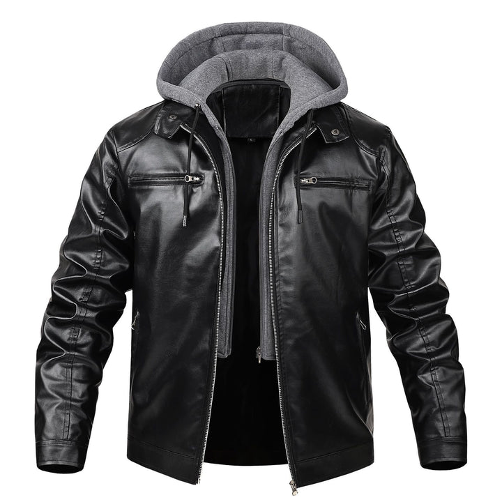 Herren modische Kunstlederjacke mit abnehmbarer Kapuze Drune