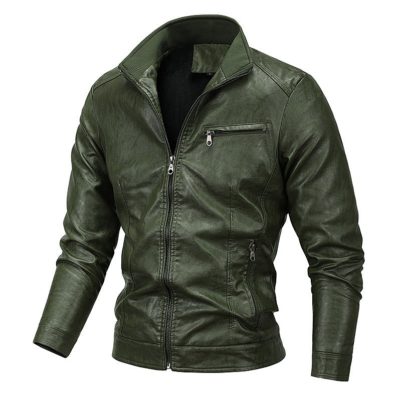 Herren Slim-Fit Kunstlederblouson mit Stehkragen und Reißverschlusstaschen Drune