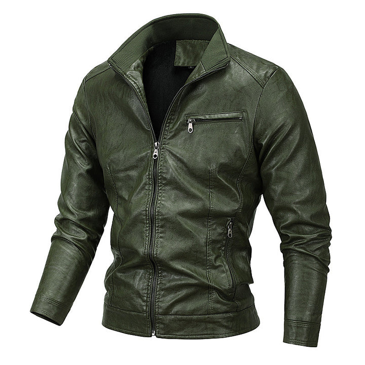 Herren Slim-Fit Kunstlederblouson mit Stehkragen und Reißverschlusstaschen Drune