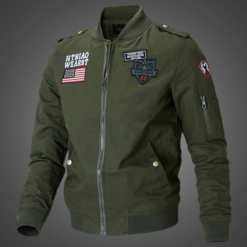 Herren nan militärisch inspirierte Bomberjacke mit gestickten Patches, Ärmeltasche, Schulterpatten und robustem Baumwoll-Twill Drune