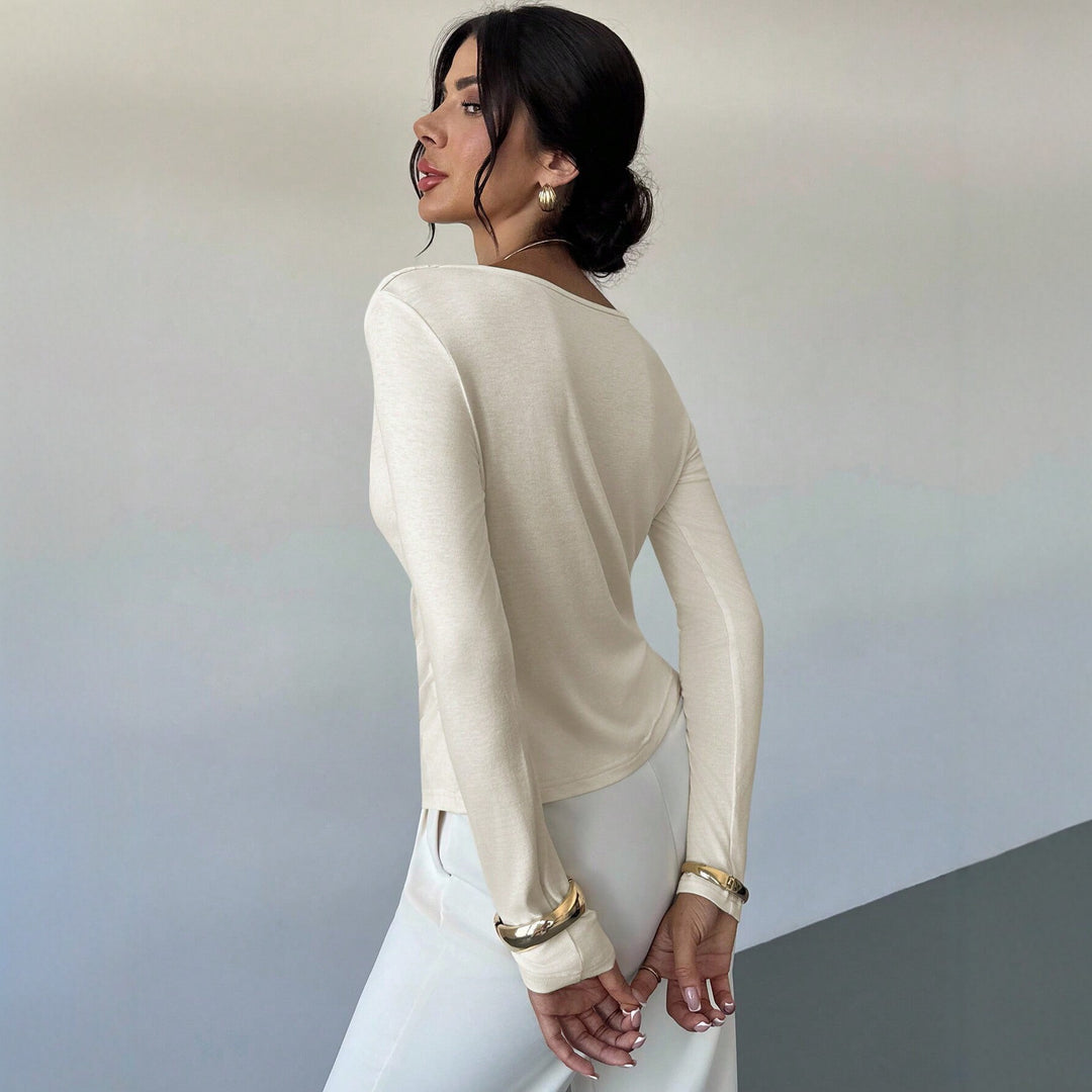 Damen elegantes drapiertes Langarm-Top mit Wasserfallkragen und taillierter Silhouette Drune