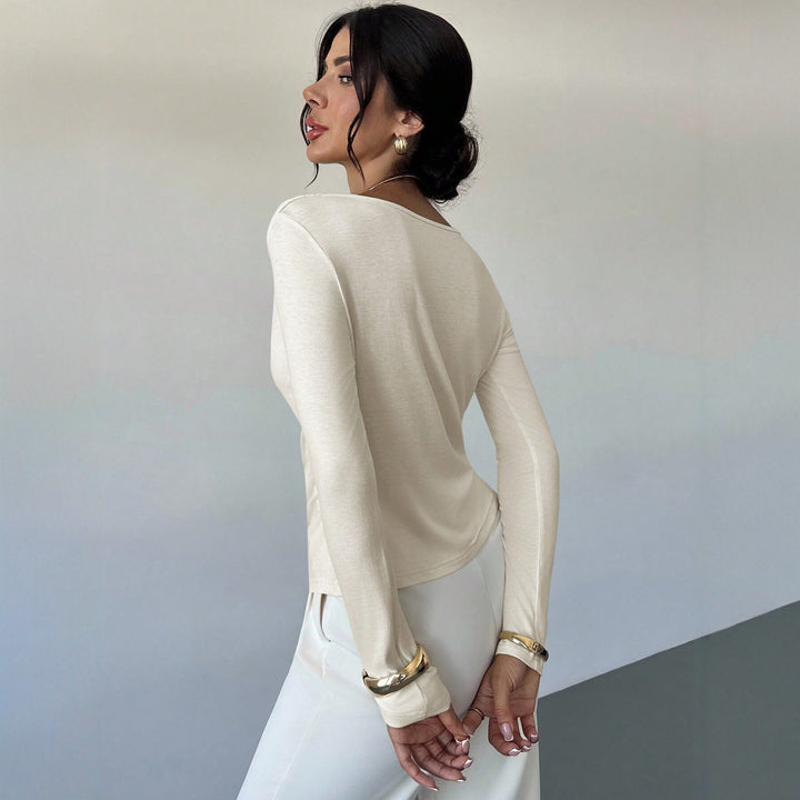 Damen elegantes drapiertes Langarm-Top mit Wasserfallkragen und taillierter Silhouette Drune