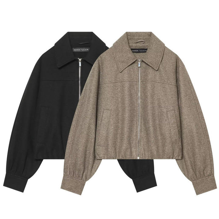 Damen Kurzjacke aus Wollmischung mit Reißverschluss und Ballonärmeln Drune