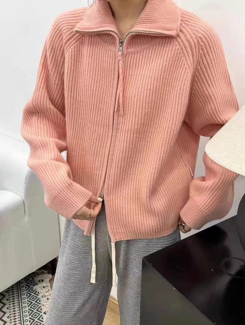 Damen Oversize-Strickjacke mit Reißverschluss, Stehkragen und gerippter Struktur Drune