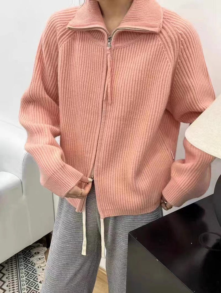 Damen Oversize-Strickjacke mit Reißverschluss, Stehkragen und gerippter Struktur Drune
