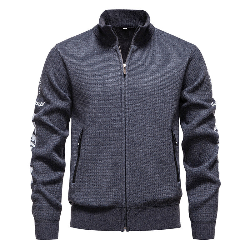 Herren Strukturierte Strickzipjacke mit Waffelstruktur, Stehkragen und Reißverschlusstaschen Drune