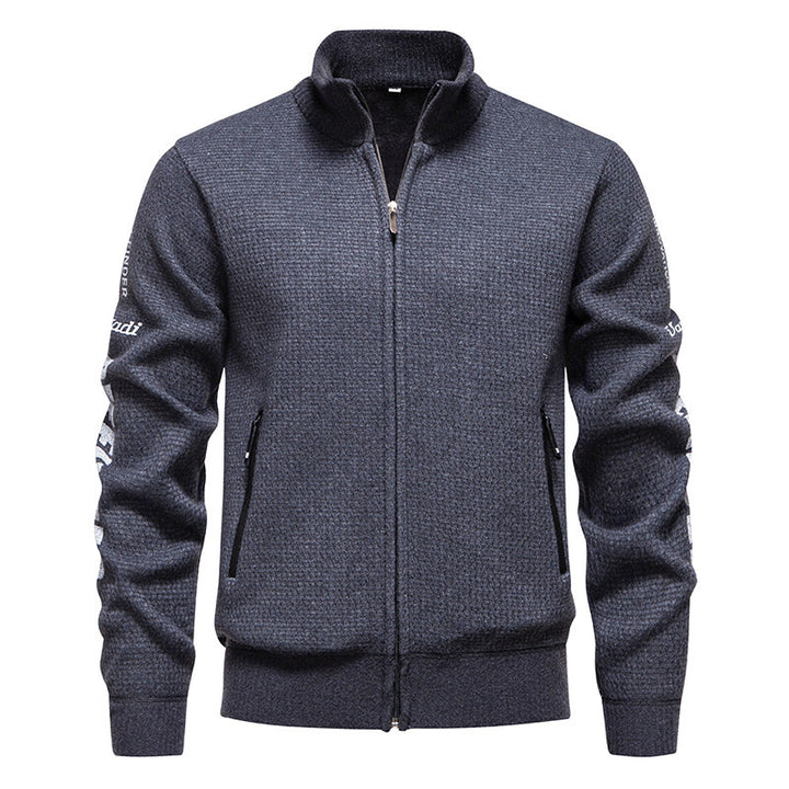 Herren Strukturierte Strickzipjacke mit Waffelstruktur, Stehkragen und Reißverschlusstaschen Drune
