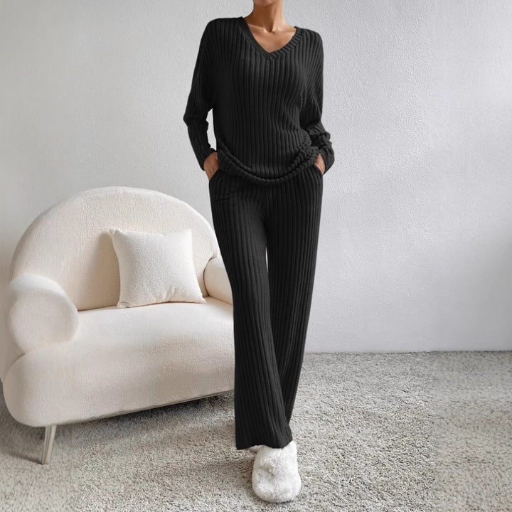 Frauen Rippstrick Lounge Set aus weichem Strick mit V-Ausschnitt und weitem Bein Drune