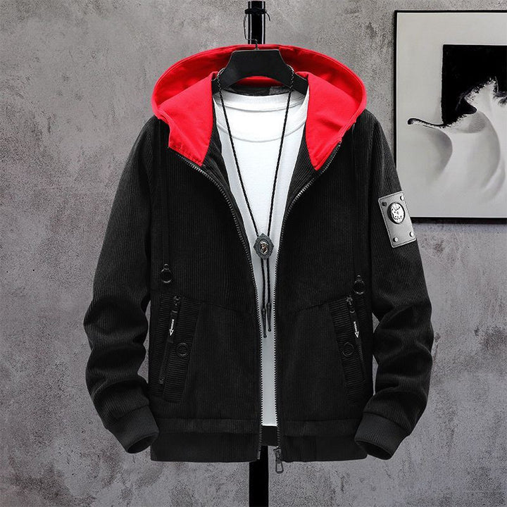 Herren Modische Cordjacke mit abnehmbarer Kapuze Drune