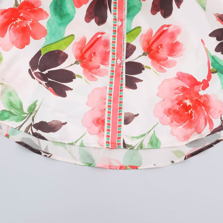 Damen Leichte seidenähnliche Hemdbluse mit Aquarell-Blütenprint und Kontrastborte Drune