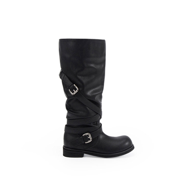 Damen Kniehohe Biker-Stiefel in Leder-Optik mit verstellbaren Schnallen Drune