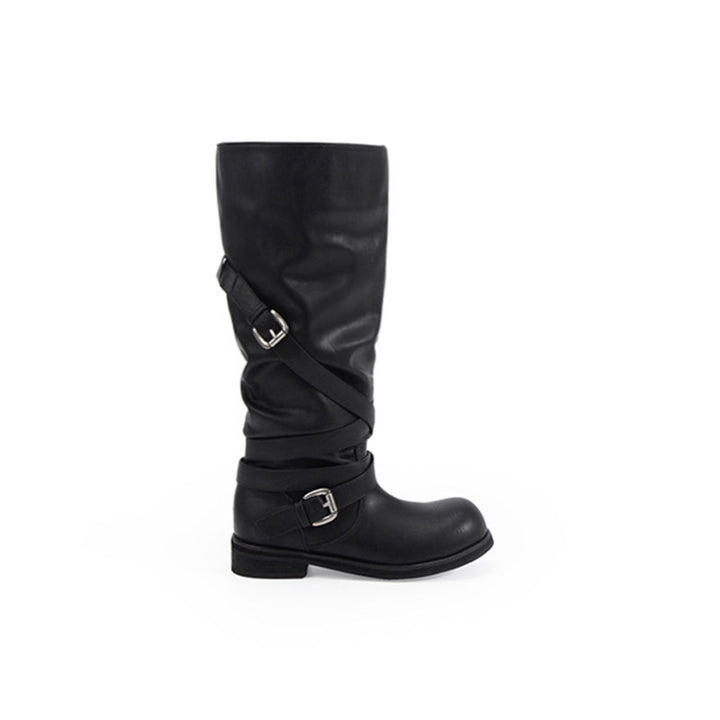 Damen Kniehohe Biker-Stiefel in Leder-Optik mit verstellbaren Schnallen Drune