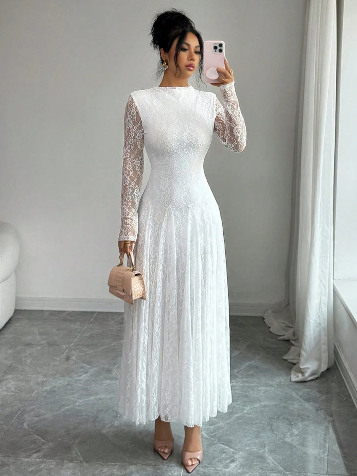 Damen Elegantes Hochzeitskleid mit Spitzenärmeln Drune