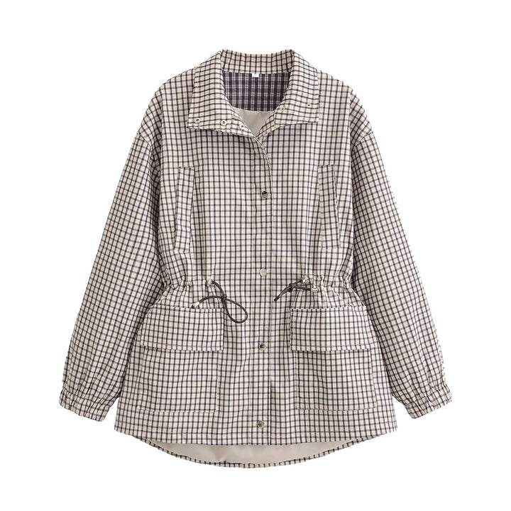 Damen Karo-Übergangsjacke mit Tunnelzugtaillierung und Pattentaschen Drune