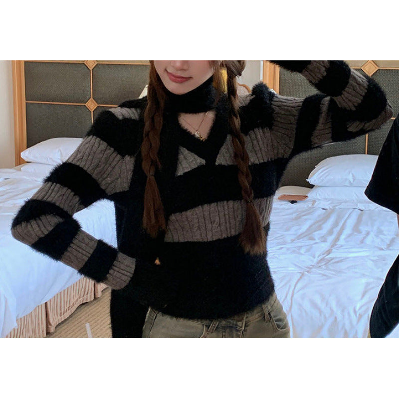 Damen weicher V-Pullover mit gestreiftem Design und dazugehörigem Schal Drune