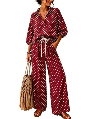 Damen Gepunktetes Zweiteiliges Lounge-Set mit Hemdblusen-Oberteil und Kordelzug-Weitbundhose Drune