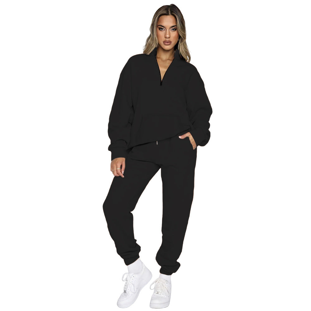 Damen Bequemes Freizeitoutfit mit Hohem Kragen und Kängurutasche Drune