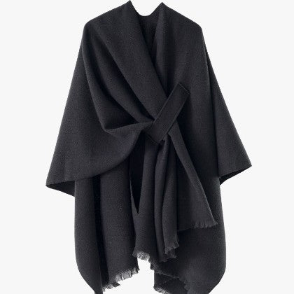 Damen Strickponcho mit geometrischem Blockmuster und Fransen Drune