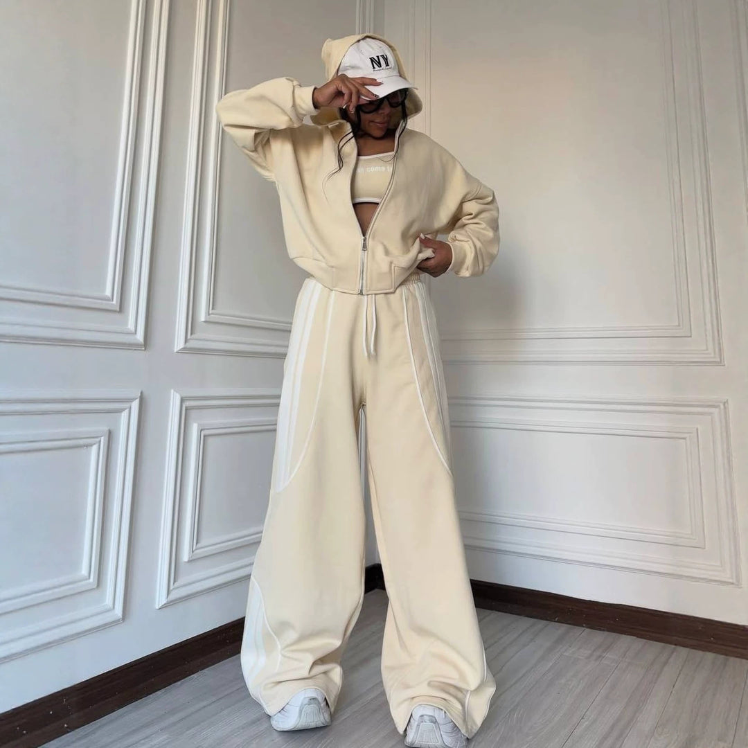 Damen Oversize Kapuzen-Sweatjacke mit Reißverschluss und weitem Trackpant-Set Drune