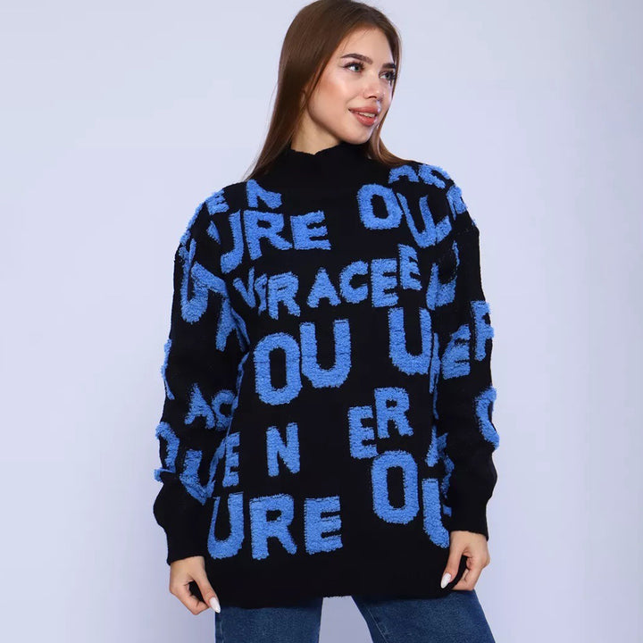 Damen Grobstrickpullover mit auffälligem Schriftzug und hohem Kragen Drune