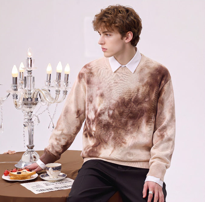 Herren Oversize-Strickpullover mit Batikoptik, Rundhalsausschnitt und Rippbündchen Drune