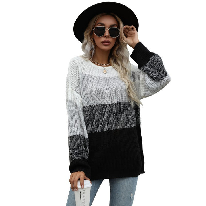 Damen Oversize-Colorblock-Strickpullover mit geradem Saum und Ballonärmeln Drune