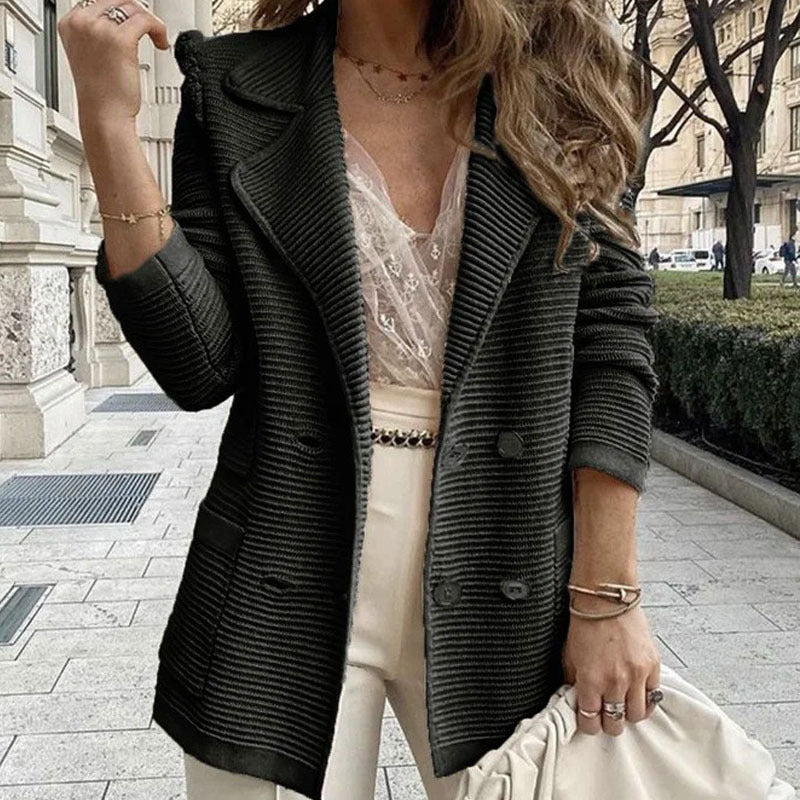Damen Strukturierter Strick-Blazer mit Reverskragen und Doppelknopfleiste Drune