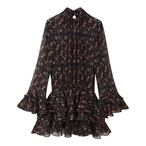Damen nan fließendes Chiffon-Minikleid mit Stehkragen langen Volantärmeln und mehrstufigem Stufenrock Drune