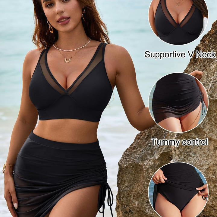 Damen Bikiniset mit verstellbaren Trägern und gerafftem Rock Drune