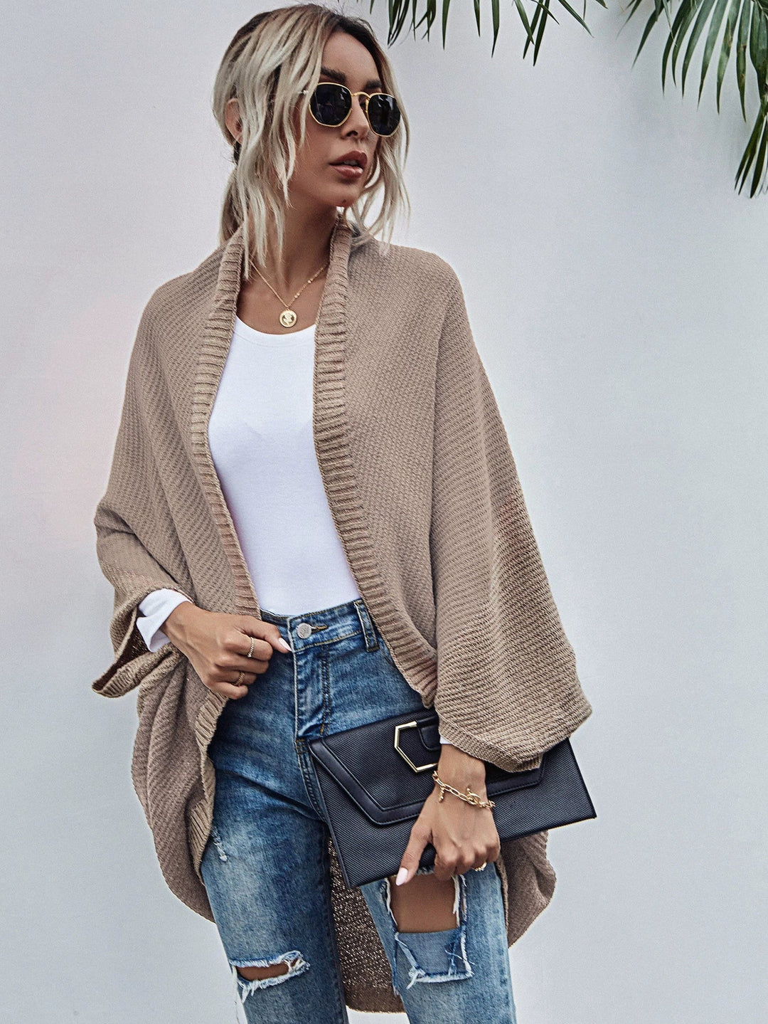 Drune | Strickjacke Oversized Passform Wolle Strick Offen Front Fledermausärmel