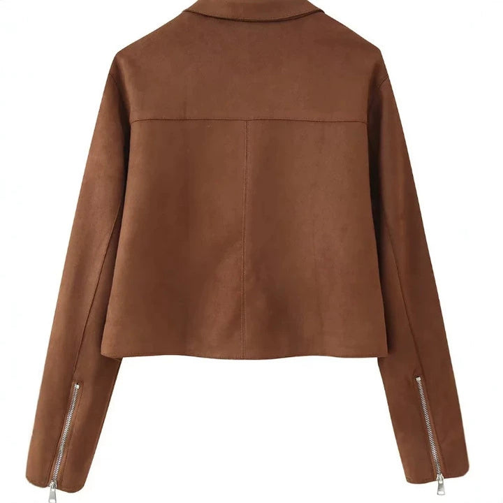 Damen Cropped Jacke aus Velourslederoptik mit Hemdkragen und zwei Reißverschlusstaschen Drune