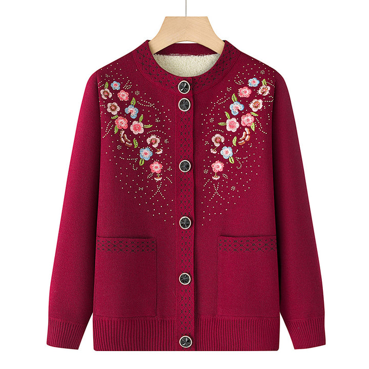 Damen nan bestickte Strickjacke mit Rundhals, aufgesetzten Taschen und dekorativer Knopfleiste Drune