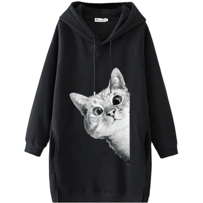 Damen Oversize Kapuzenkleid aus Sweat mit großem Katzenprint und Seitentaschen Drune