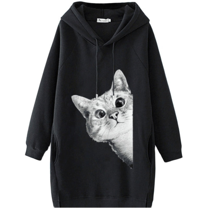 Damen Oversize Kapuzenkleid aus Sweat mit großem Katzenprint und Seitentaschen Drune