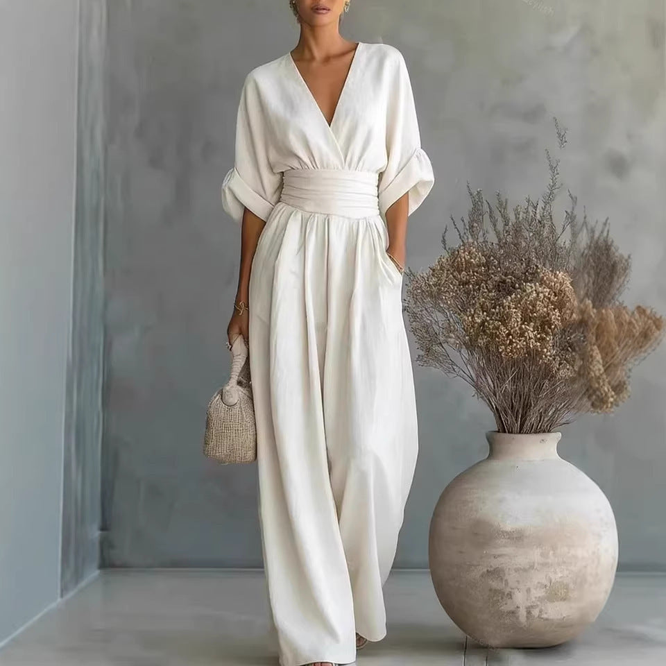 Damen Jumpsuit mit elegantem V-Ausschnitt und weitem Bein Drune