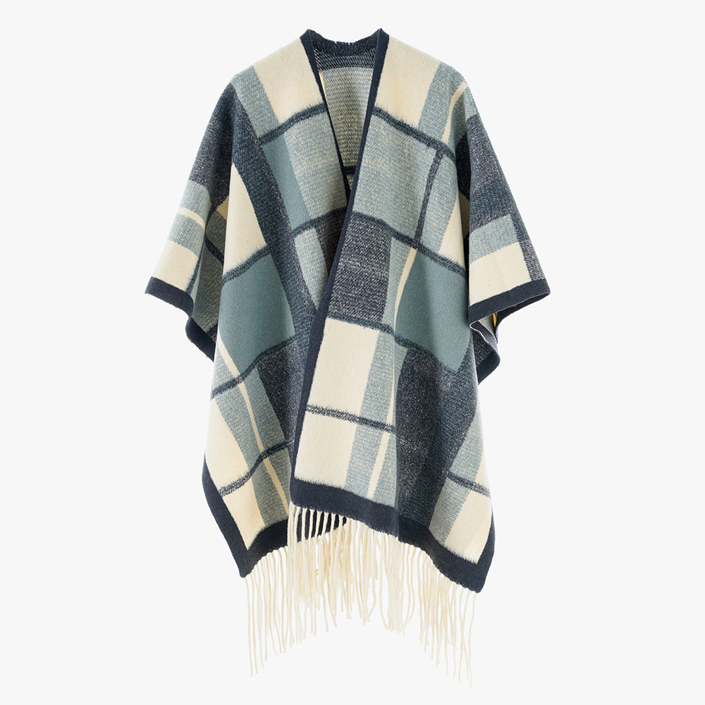 Damen Weicher Strick‑Überwurf im Kimono‑Stil mit Karomuster und Fransensaum Drune