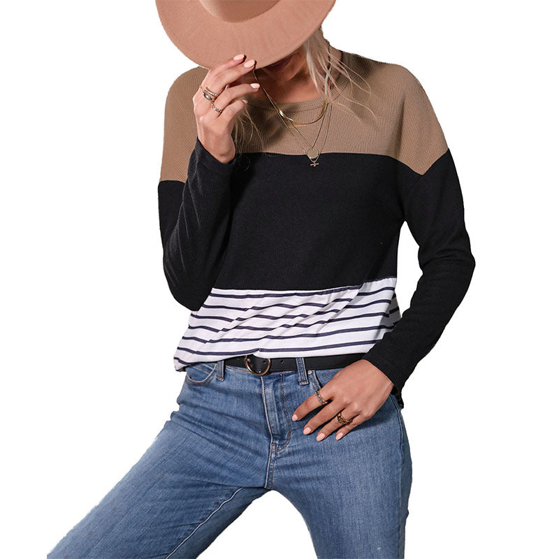 Damen Leichtes Rundhals‑Strickshirt mit Waffelstruktur‑Schulter und maritimem Streifenbund Drune