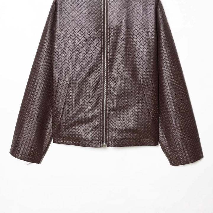 Damen Kurze Boxy‑Jacke aus geflochten wirkendem Kunstleder mit Hemdkragen und Frontreißverschluss Drune