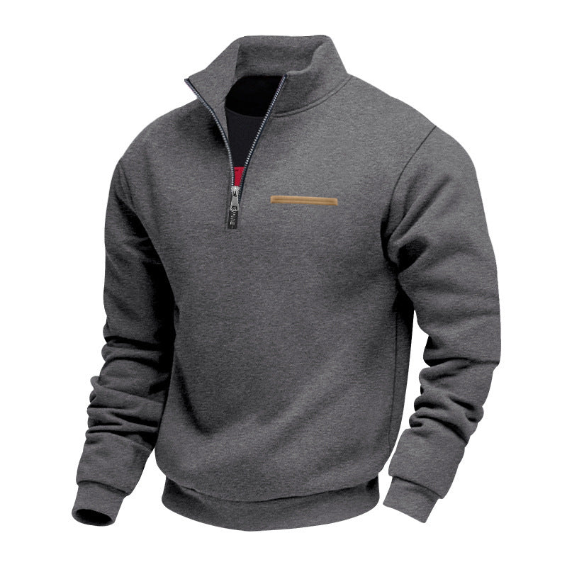Herren nan Sweatshirt mit halbem Reißverschluss, Stehkragen und Brust-Welttasche Drune