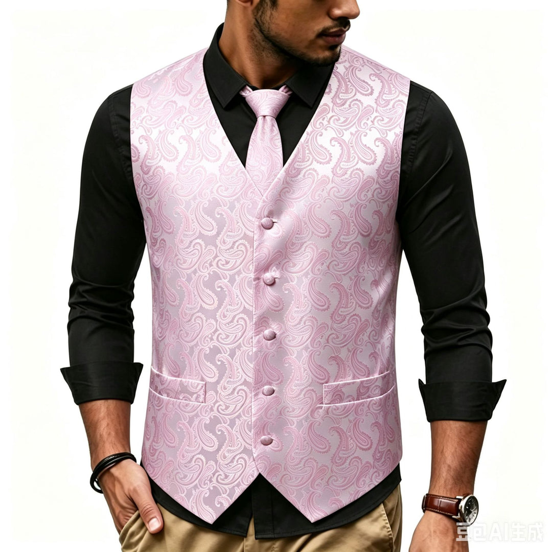 Herren Satin-Jacquard-Weste mit Paisley-Muster und passender Krawatte Drune