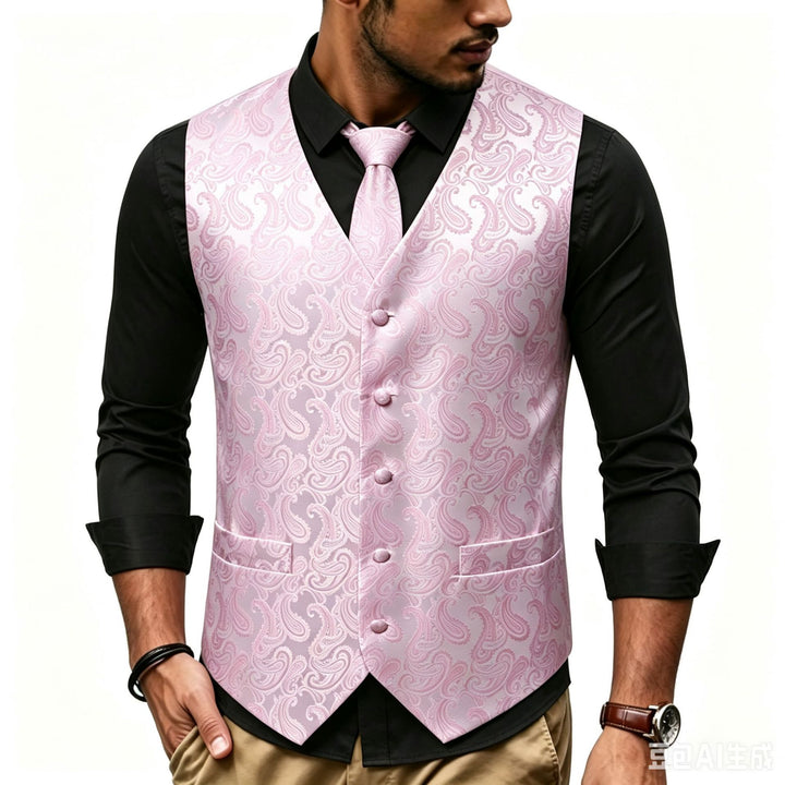Herren Satin-Jacquard-Weste mit Paisley-Muster und passender Krawatte Drune
