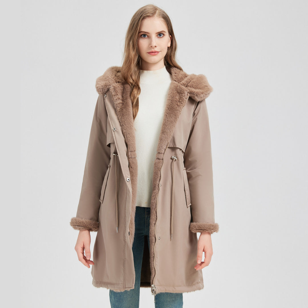Damen Eleganter und warmer Parka mit abnehmbarem Kunstfellkragen und praktischen Schnürdetails Drune