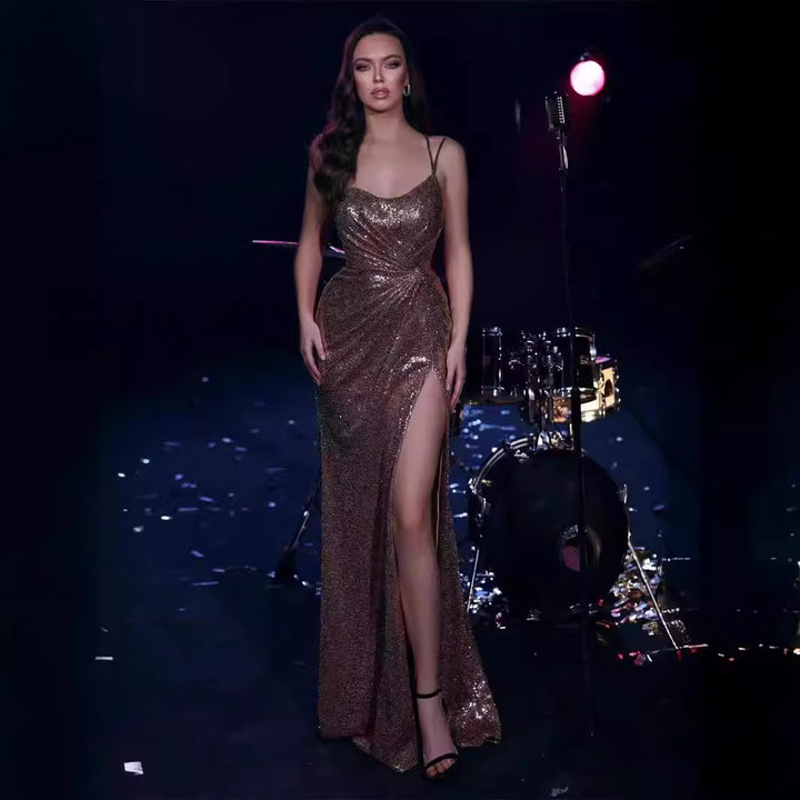 Damen Abendkleid mit schimmerndem Effekt und hohem Schlitz Drune