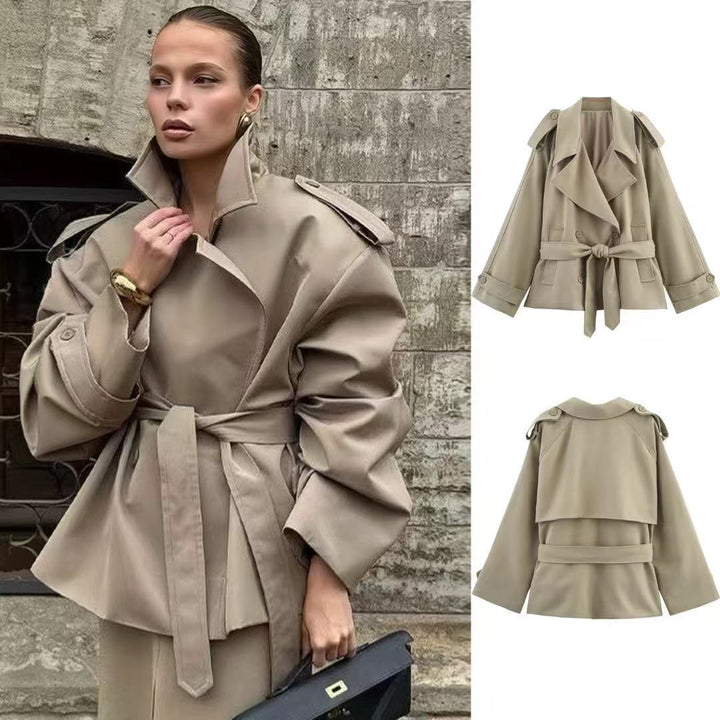 Damen Kurzer Trenchcoat mit Bindegürtel und Cape-Ärmeln Drune